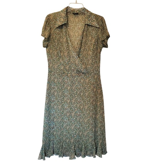M.S.K. Dresses & Skirts - M.S.K. Floral Wrap V-Neck Midi Dress Green Teal Short Sleeve Ruffle Hem Womens